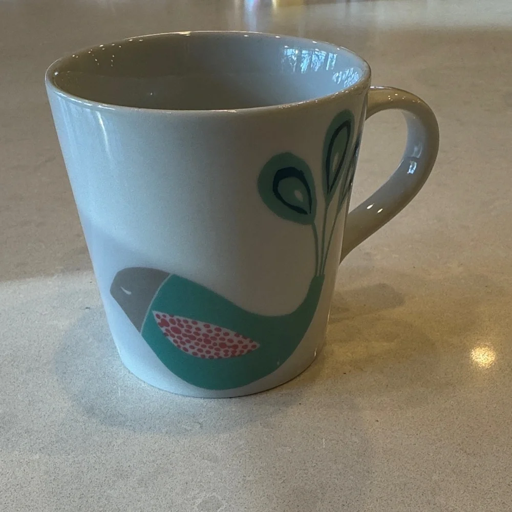 Crate&Barrel Elvis swift bird, White Mug with Teal and Pink Bird Design